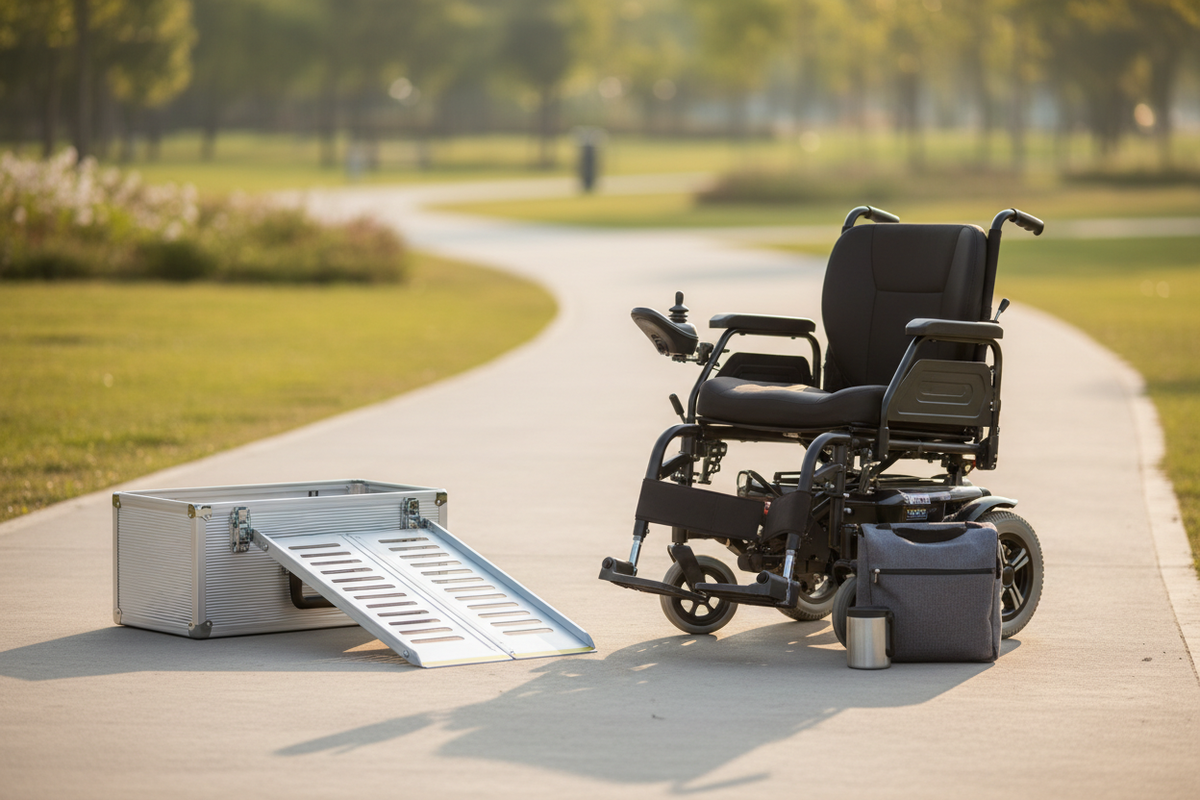 Electric wheelchair next to a foldable ramp, seatback bag, and cup during a summer evening on a walkway in a park.