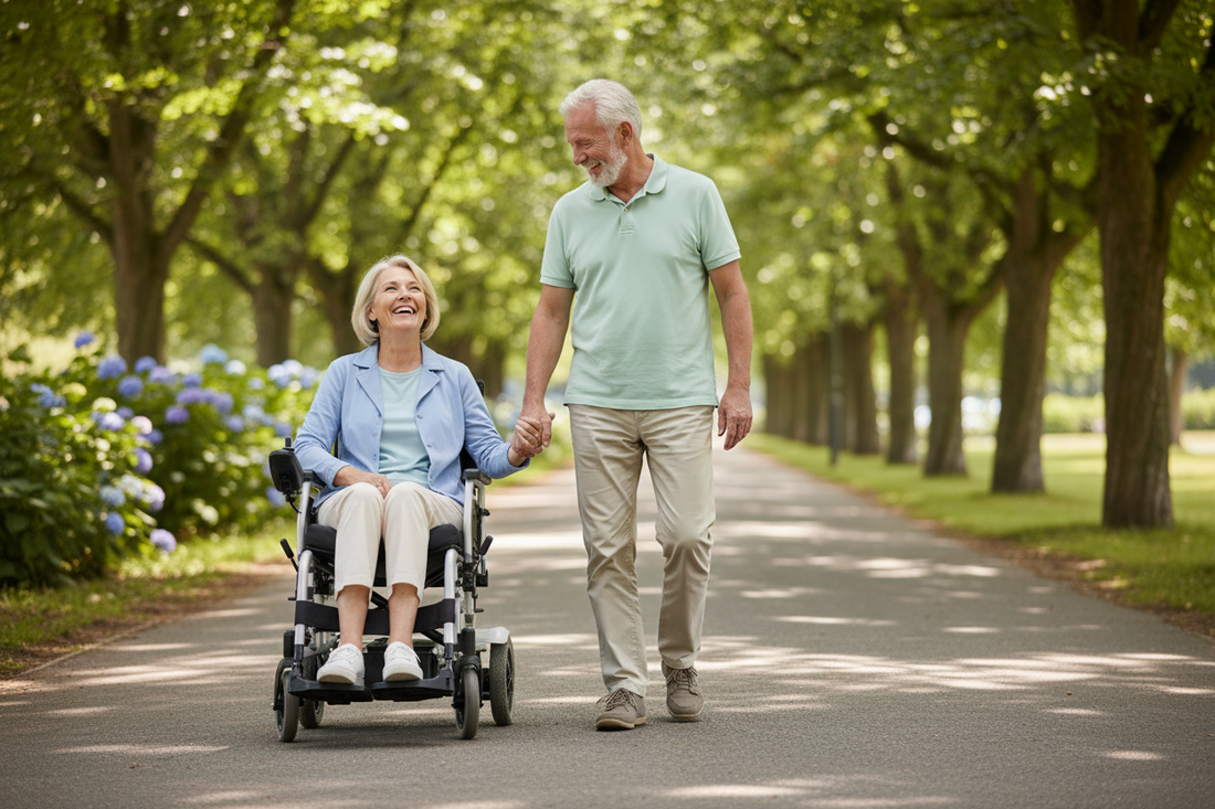 Senior couple walking together, with the woman in a wheelchair, on a tree-lined path.