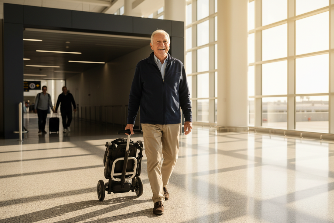 Senior walking with a folded mobility scooter in an airport terminal