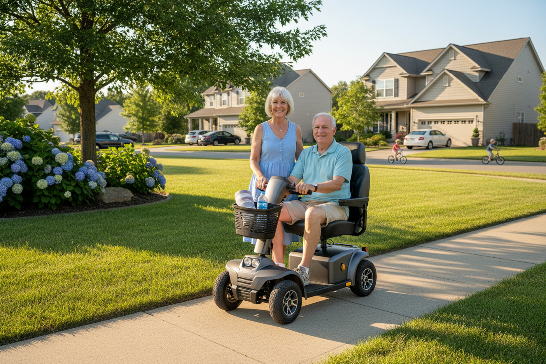 Senior couple using a mobility scooter on a suburban street.
