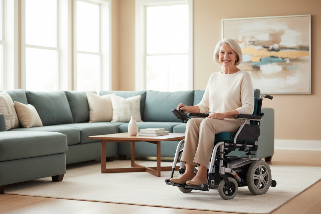 Woman in a full size electric wheelchair sitting in a living room with a couch and coffee table.