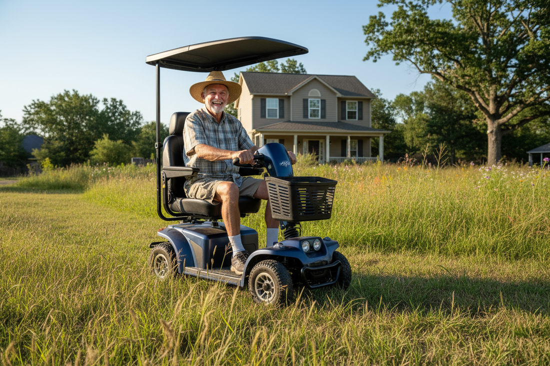 Man sitting on a heavy duty mobility scooter in a grassy field with a house in the background