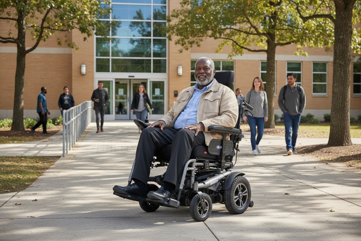 Man in an electric wheelchair on a campus sidewalk with other students in the background