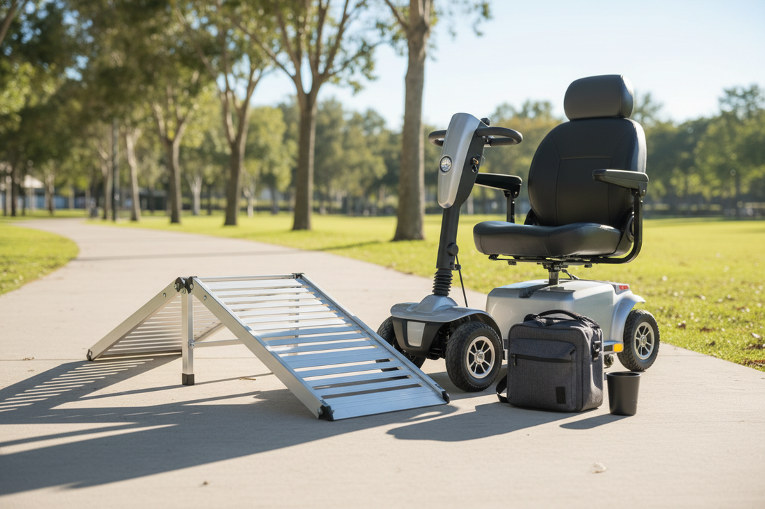 “A clean, modern lifestyle image featuring a lightweight suitcase-style mobility ramp partially unfolded next to a mobility scooter, with a few essential accessories — like an armrest bag and cup holder — neatly arranged on the ground beside it. Bright neutral background, soft natural lighting, minimal clutter. Emphasis on practicality, convenience, and everyday usability.” Make it outdoor on a warm sunny day, and make sure the ramp is not connected to the scooter