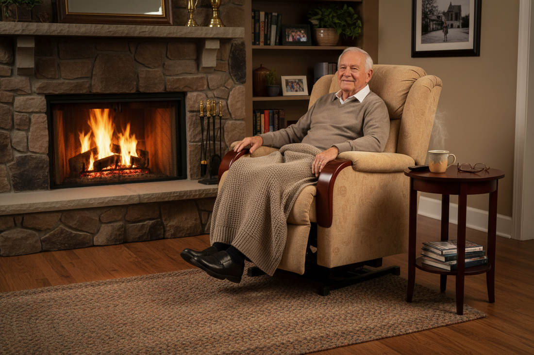 “A peaceful, cozy living room scene where a senior is comfortably settled into a classic lift chair positioned near a softly glowing fireplace. The chair is reclined to a gentle resting angle, showcasing plush cushions, warm neutral upholstery, and smooth, supportive armrests. Soft amber light from the fire reflects across the room, creating a comforting glow on the senior’s relaxed expression as they enjoy a quiet moment with a blanket draped over their lap. A small side table with a warm mug sits nearby, 