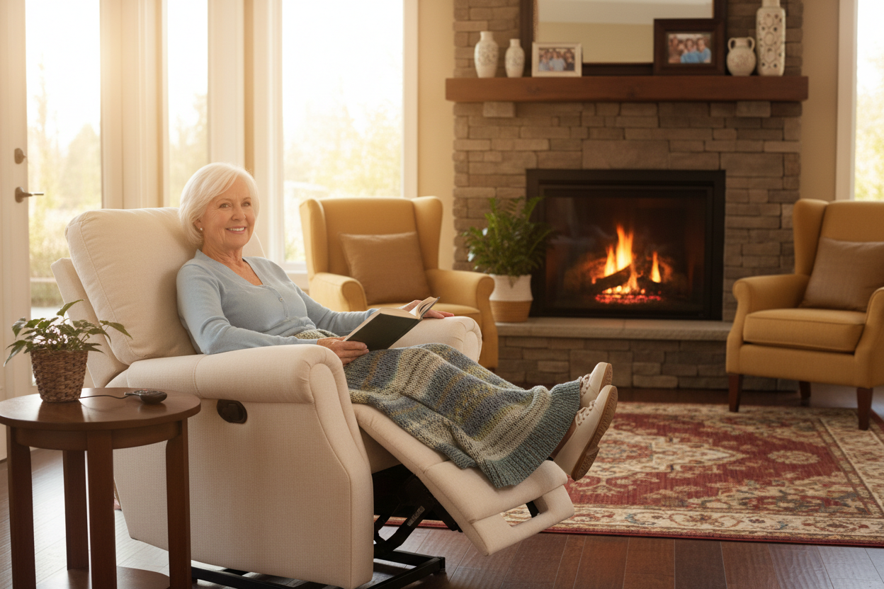 A senior relaxing comfortably in a recliner lift chair. It's indoors, in his living room, with the fire going in the background. It is relaxing, calm, and joyful picture. 