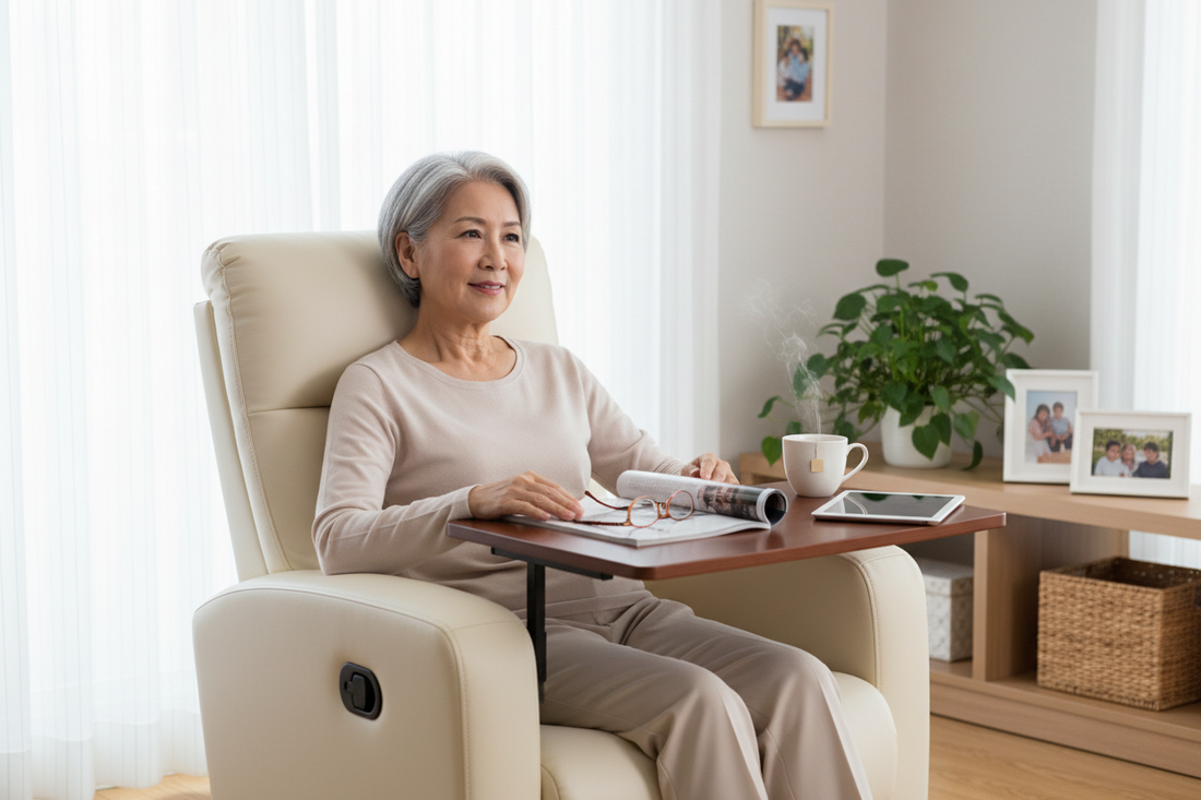 “A warm, inviting lifestyle scene featuring a senior comfortably seated in a plush lift chair positioned in a softly lit living room. The chair is gently reclined to a relaxed TV-watching angle, with smooth, supportive padding and a calm neutral upholstery. Attached securely to the armrest is a sleek, swing-away table surface — large enough for a book, a warm cup of tea, or a tablet. The senior sits at ease, using the table to rest their reading glasses while browsing a magazine, highlighting how the attach