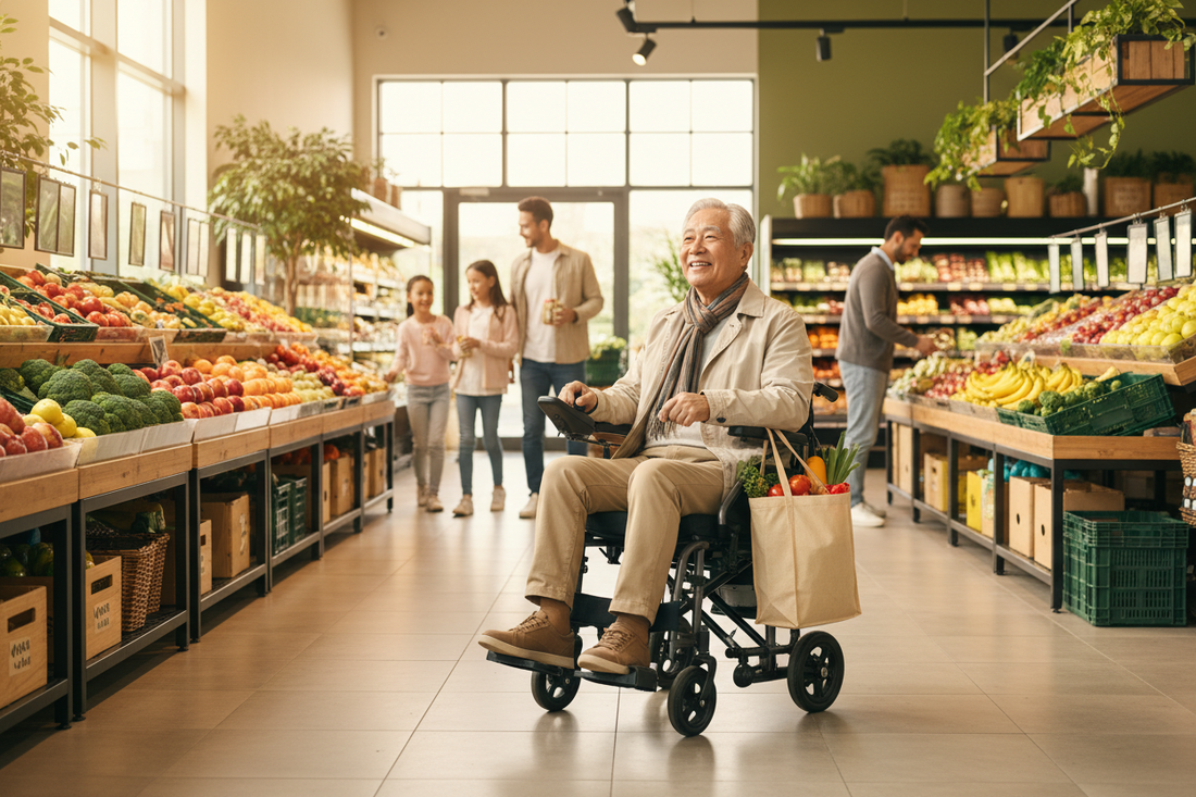 “An Asian senior man riding a compact travel electric wheelchair through a spacious grocery market, with a shopping bag. Bright , joyous, uplifiting, loving, mood. "
