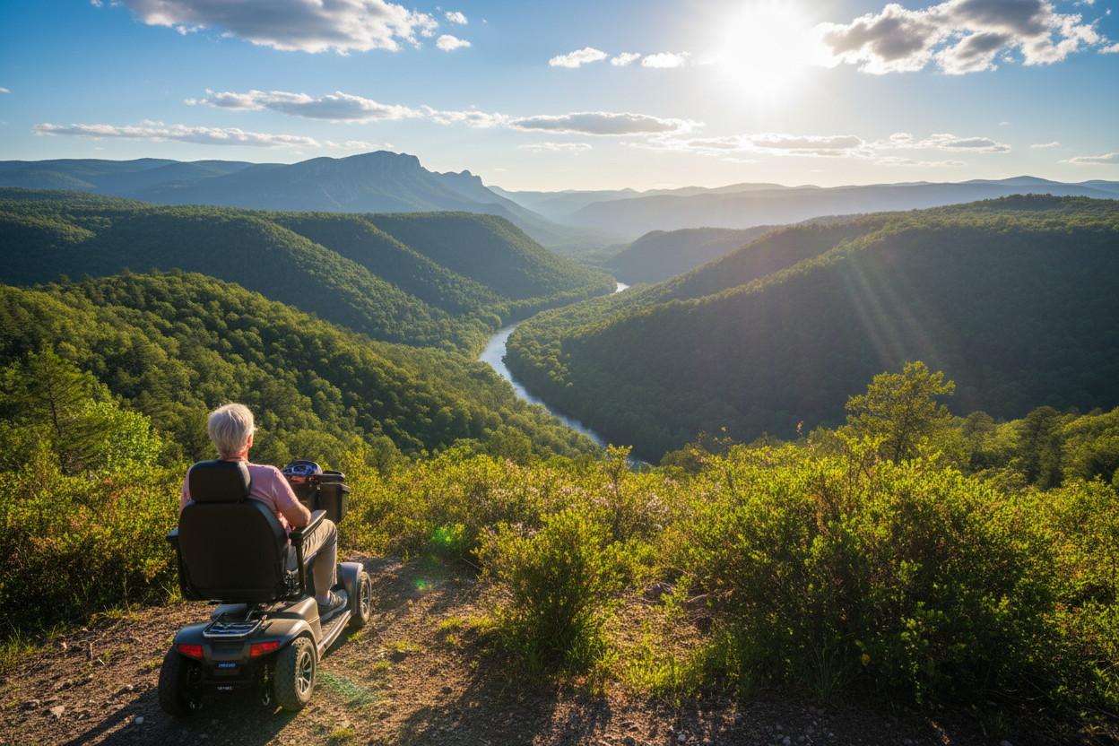 Create an image of a senior on a mobility scooter at an overlook, on a bright sunny day, into a valley. The picture point of view is behind the senior, with him in the bottom left of the full picture. The picture's emphasis is on the beautiful scenery of the valey. Make it lush, warm, an adventurous and loving feel, like a bright stride forward into a new beggining. 