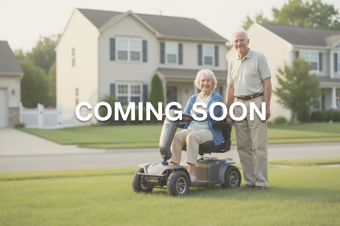 Create me an image of a senior couple with one spouse on a heavy duty mobility scooter in their front lawn in a middle class suburban neighborhood. Make the image blurred, with a centered text over it  saying “coming soon”. Make the text emphasized by having a slight shadow behind it. 