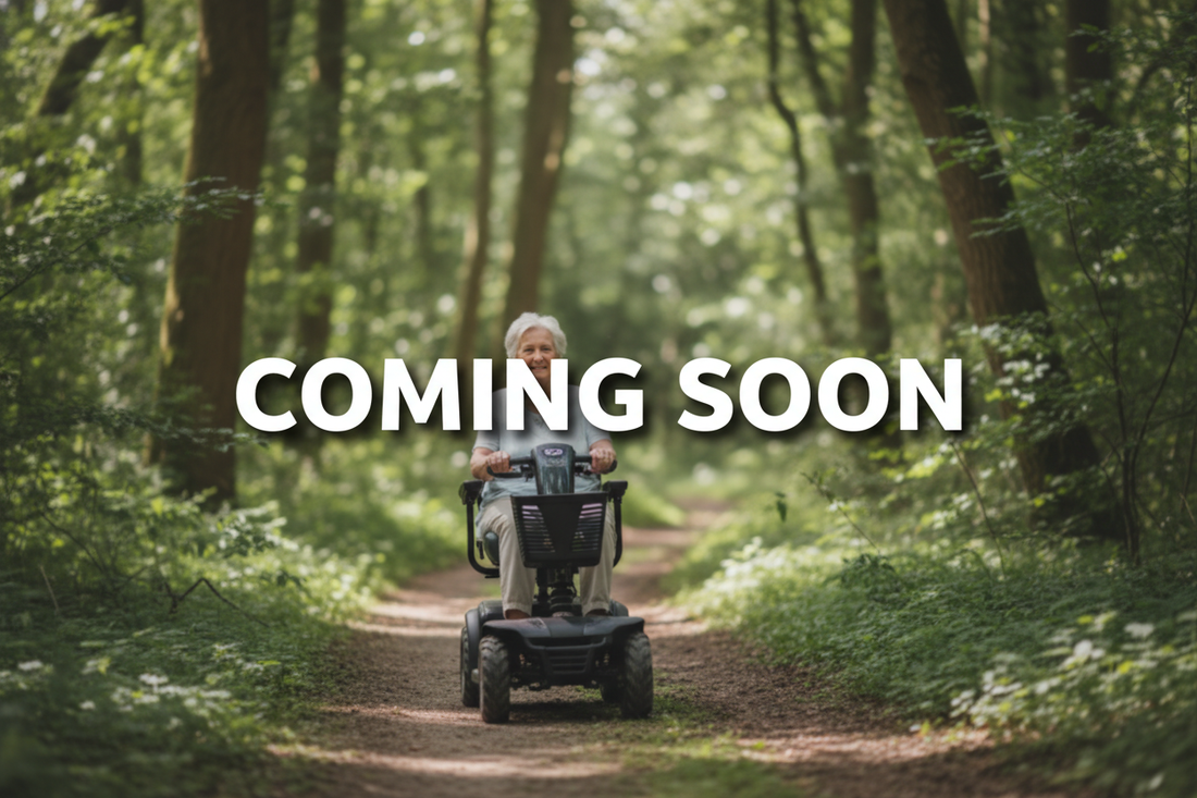 Create me an image of a senior on a heavy duty mobility scooter on a nature path. Make the image blurred, with a centered text over it  saying “coming soon”. Make the text emphasized by having a slight shadow behind it. 