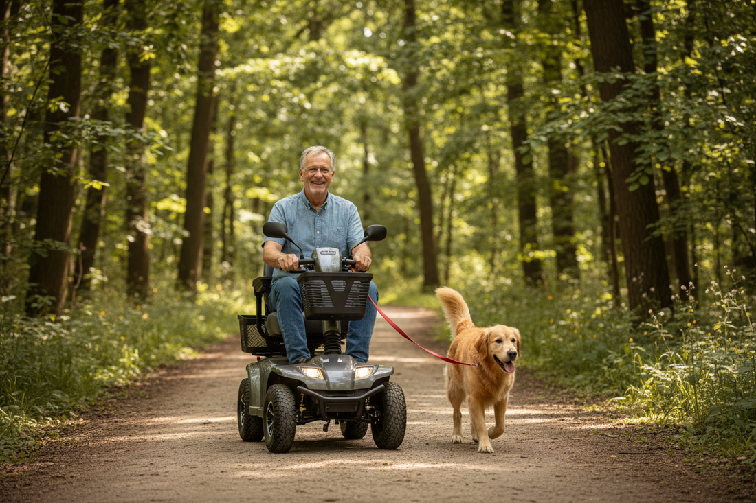 Generate a realistic image of an early aged male senior using a recreational mobility scooter
Make him be traversing a smooth off road nature trail with a happy dog on slack leash in front of the scooter. 
Make this scooter heavy duty - the scooter is capable for some all-terrain abilities, but not to the extreme. With only around 5” ground clearance, with mobility scooter sized wheels. It’s known for its utility, high weight capacity, and comfort, and stylish looks.
Make him look joyous, and it be on a bri