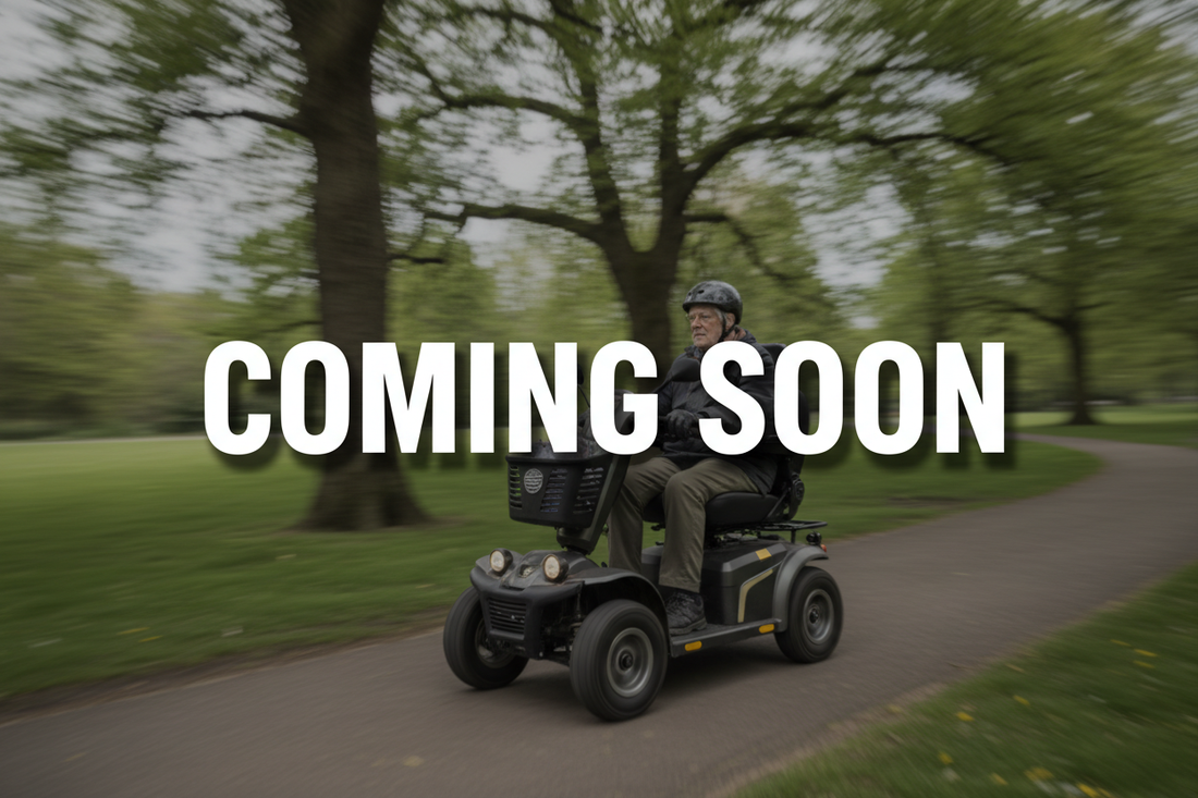 Make an image that is a senior on a heavy duty mobility scooter in nature but its heavily blurred and has the words 'coming soon' in inter text font over it. Emphasize the text by placing a shadow behind it and making it a little larger.