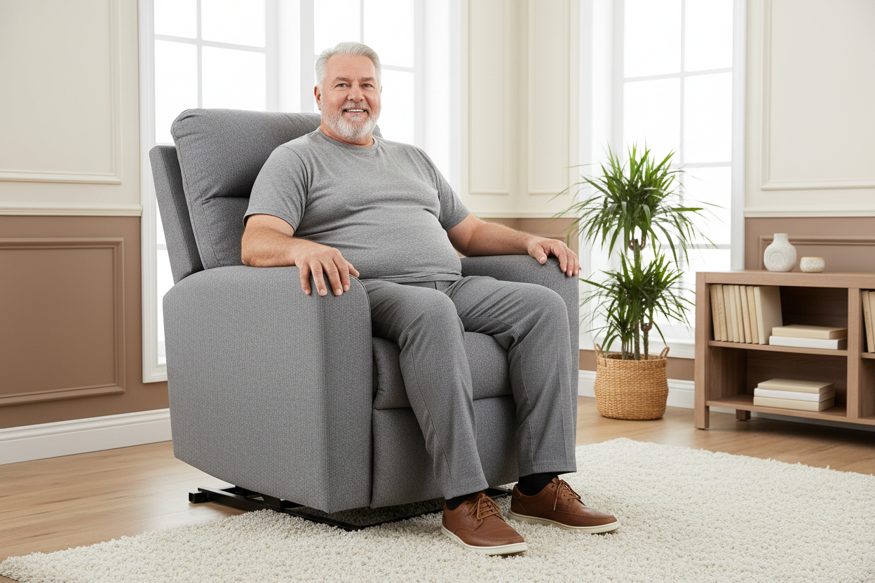 The lower part of the chari is broken, please regenerate where the frame isn't visible and the entire chair has cloth and the senior looks comfortable