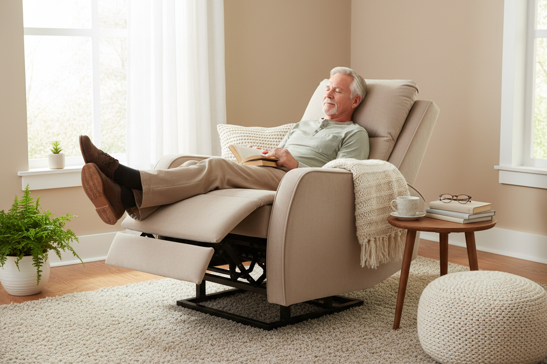 “Warm lifestyle photo of a Caucasian senior male reclining fully in an infinite-position lift chair. Chair is shown in a near-flat ‘zero gravity’ position with her legs elevated and back fully reclined. Soft microfiber upholstery, sleek modern design, wider backrest, and dual-motor adjustability. The room is bright and cozy, with soft beige tones. She looks relaxed, supported, and comfortable, holding a book with a gentle smile. Emphasis on full-body relaxation and advanced adjustability.”
